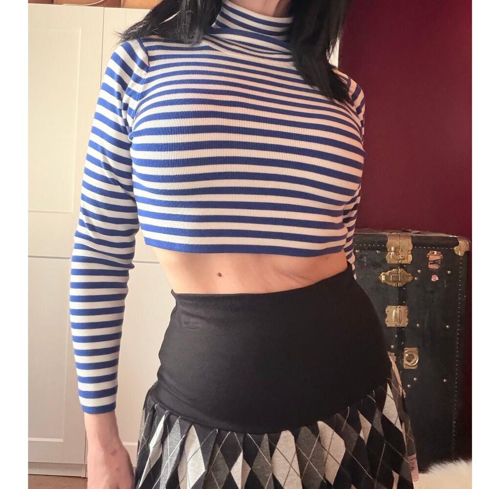 blue and white striped crop turtleneck